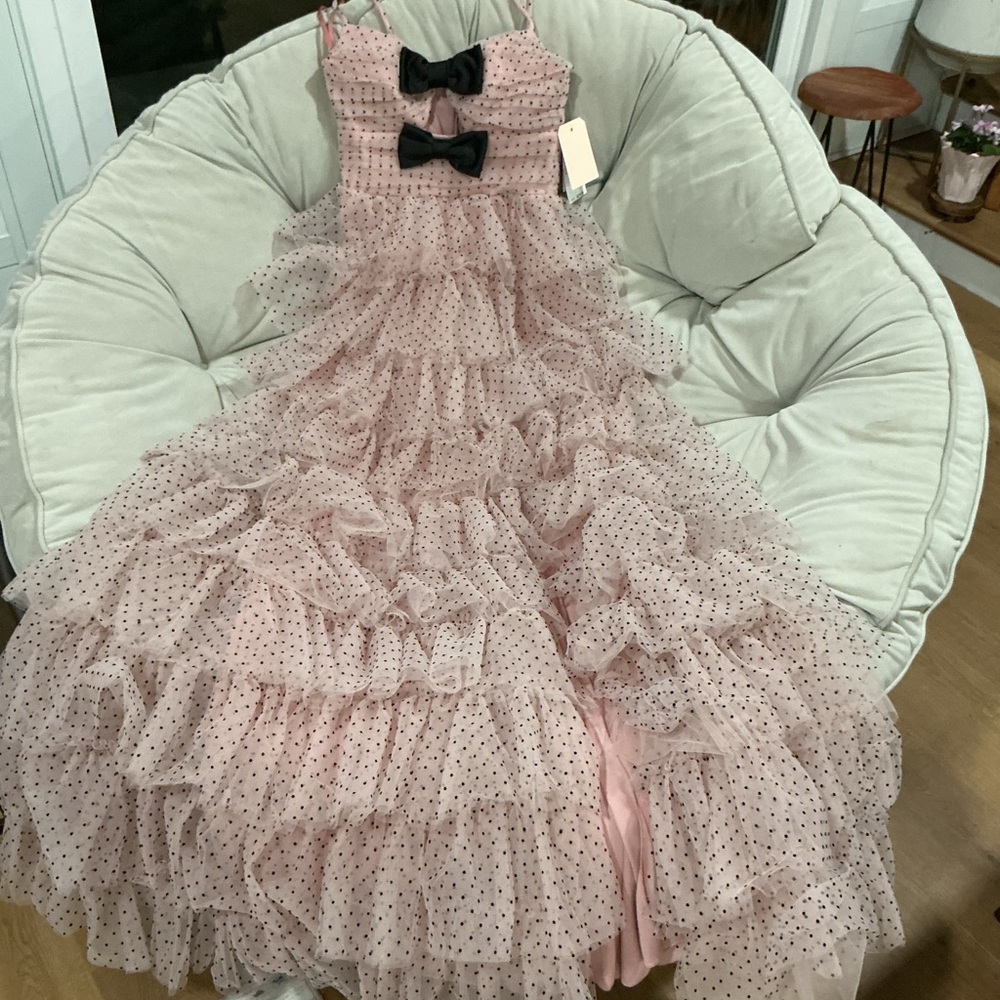 Macy's Pink Polka Dot Ruffle Dress with Black Bows